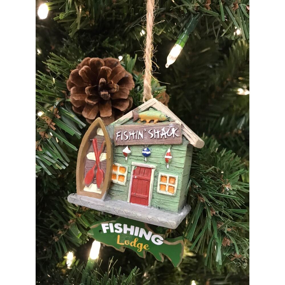 Fishing Shack Lodge Ornament Christmas Tree Outdoorsman‎ Hunter Boat Fish